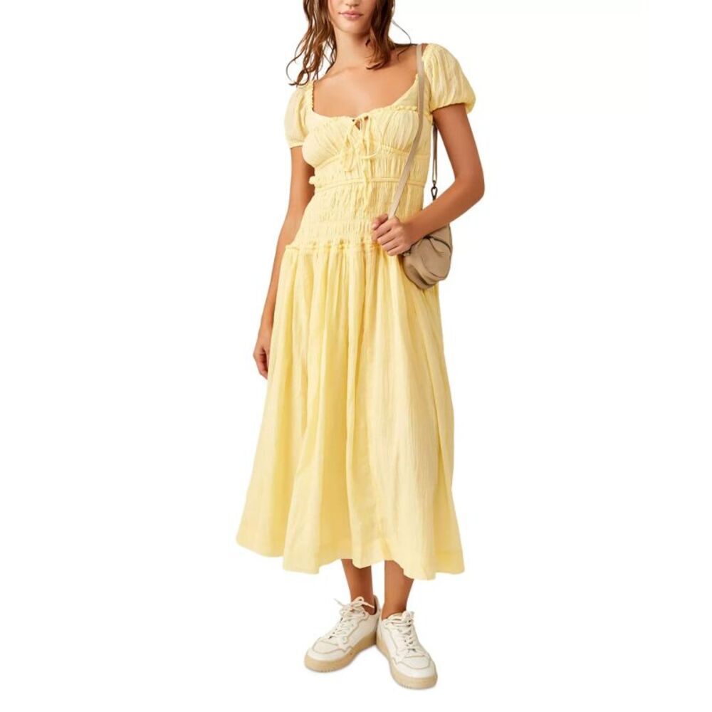 Free People Pale Yellow Smocked Midi Dress